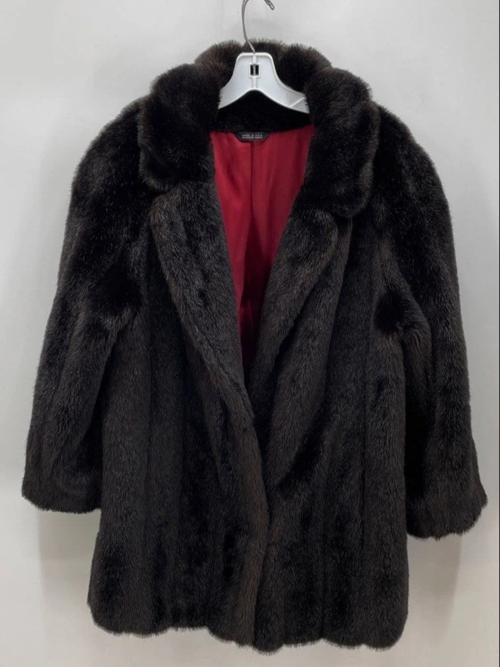 VTG Style VI Ltd Brown Faux Fur Coat Red Satin Lining Made in USA M/L Vintage